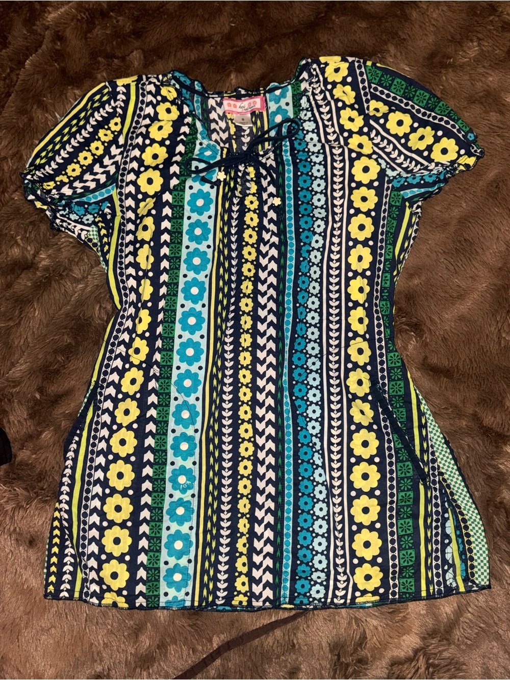 Women’s Floral Stripe Peasant Scrub Uniform Top - Navy, Yellow & Teal